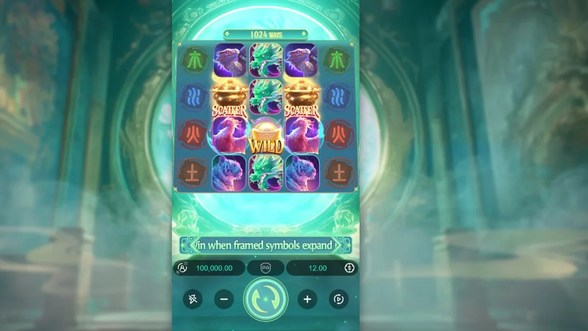 Interface do slot Mythical Guardians com os quatro guardiões míticos em destaque